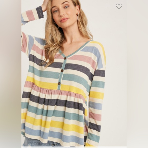Striped Pastel Multicolor V-Neck Women's Top - Picture 1 of 4